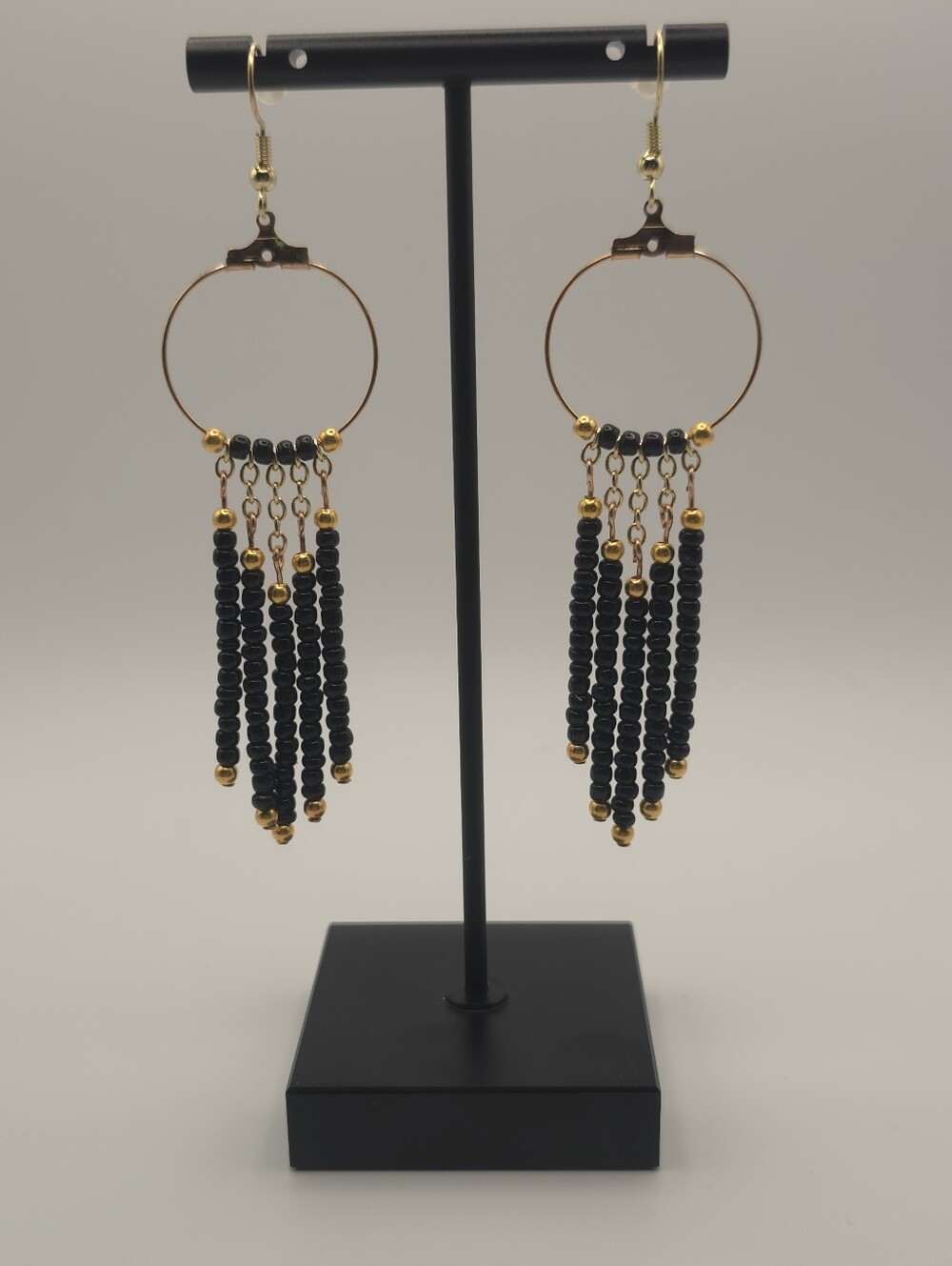 Hand Crafted Gold Hoop Earrings with Black Beaded Fringe